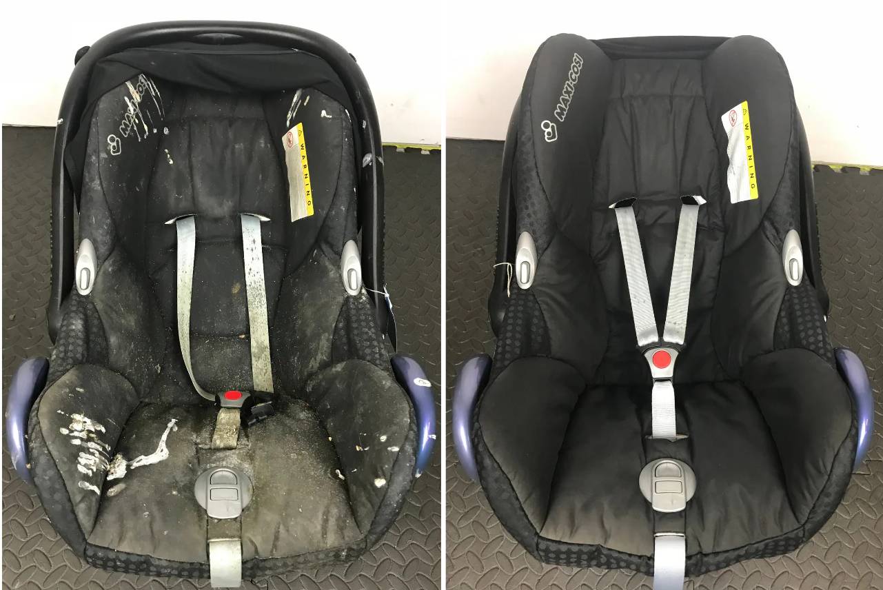 Nettoyage siège bébé. Avant et Après